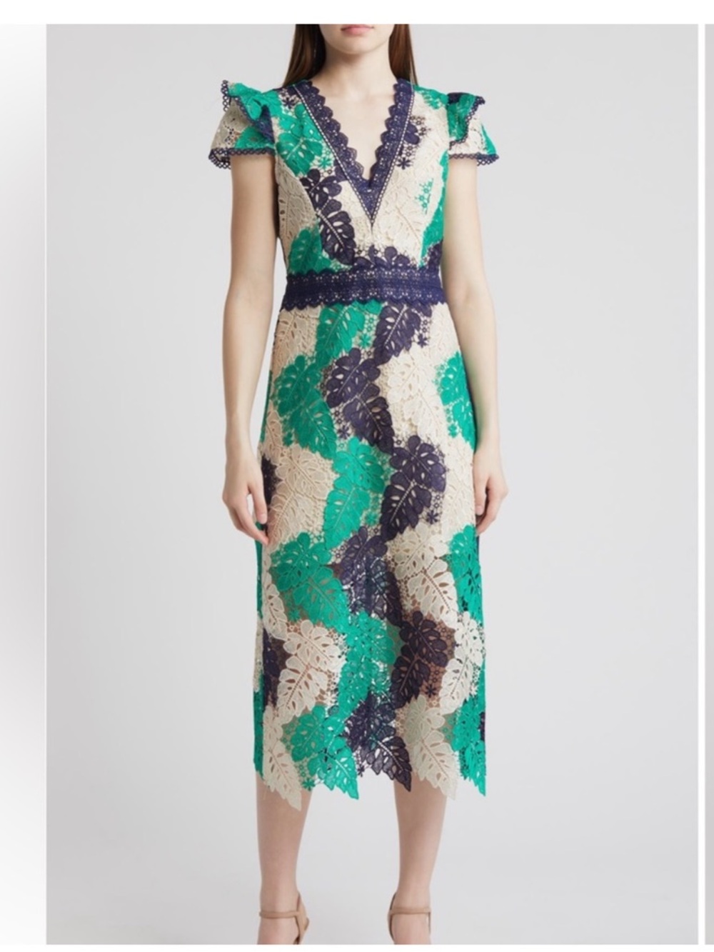 Adelyn Rae Green, Navy & Cream Lace Midi Dress